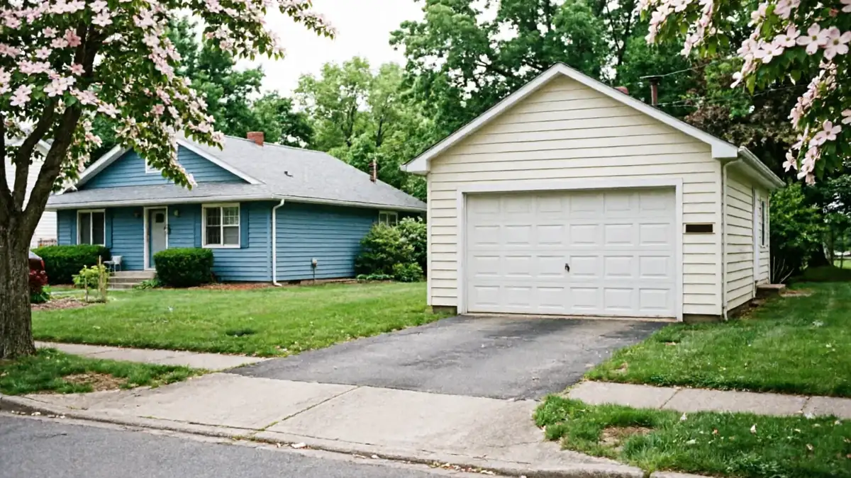 A detached garage with a white paneled door sits next to a blue house.