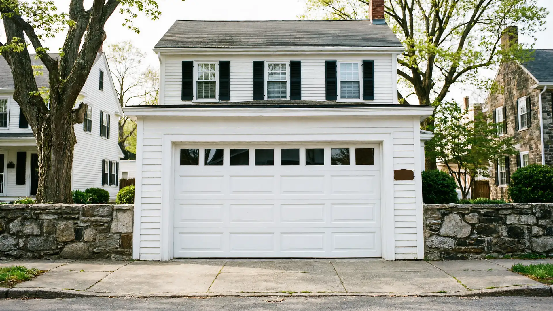 A white house with a white garage door and black shutters stands behind a stone wall.