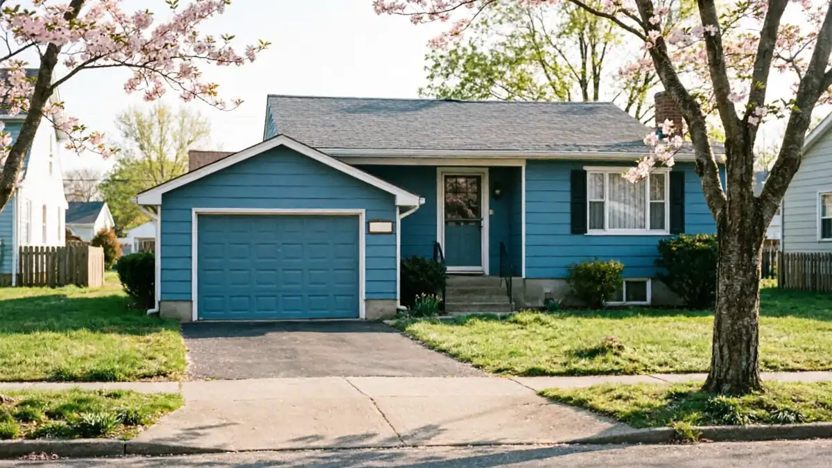 A blue house with a blue garage door and a blooming tree in the foreground.