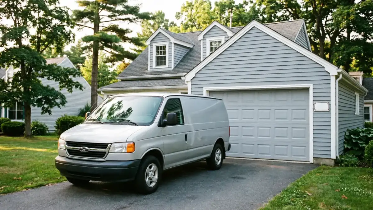 A gray service van is parked in the driveway of a house with a gray garage door.