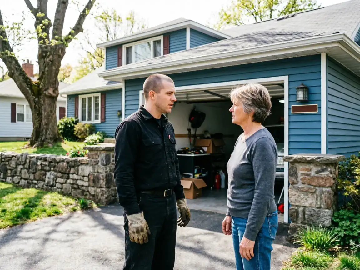 A technician and a woman stand in a driveway in front of a blue house.