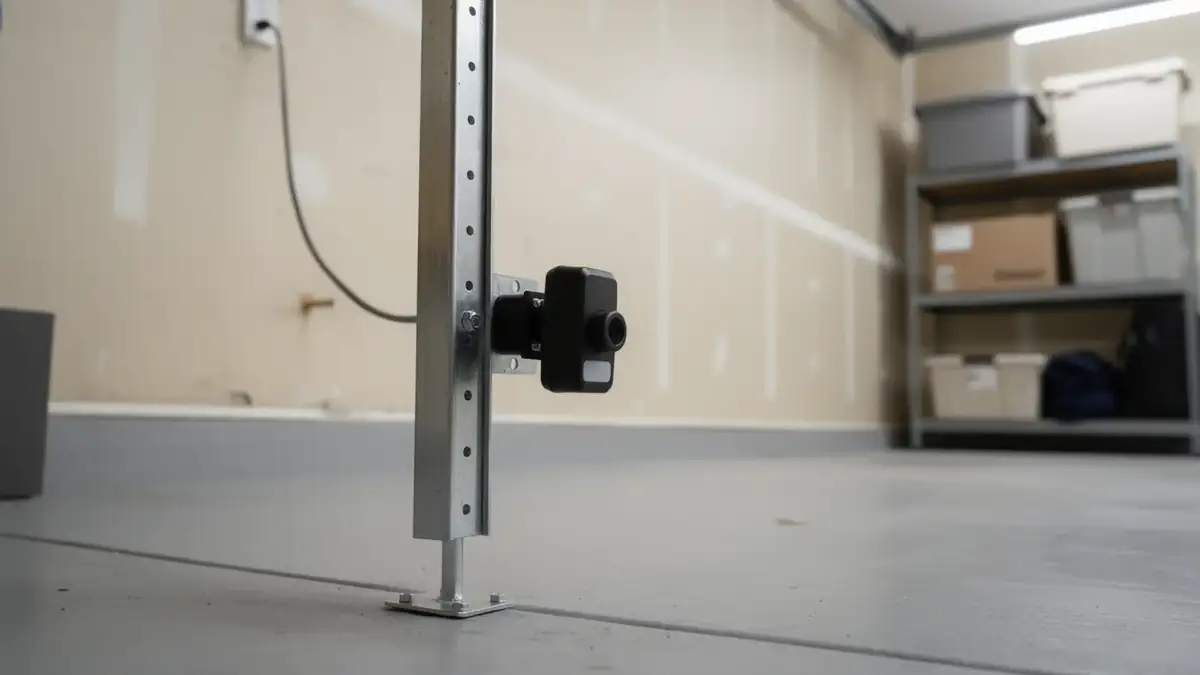 A black security camera is mounted on a metal support beam in a garage.