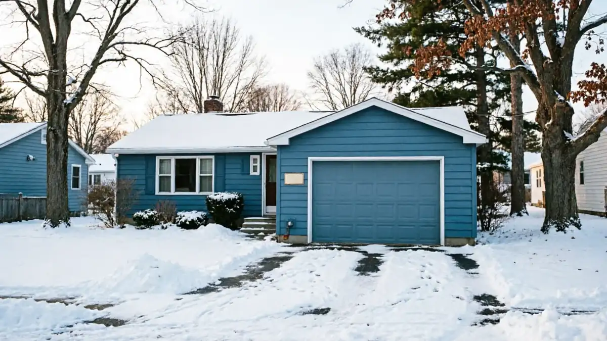 A blue house with a blue garage door is covered in snow.